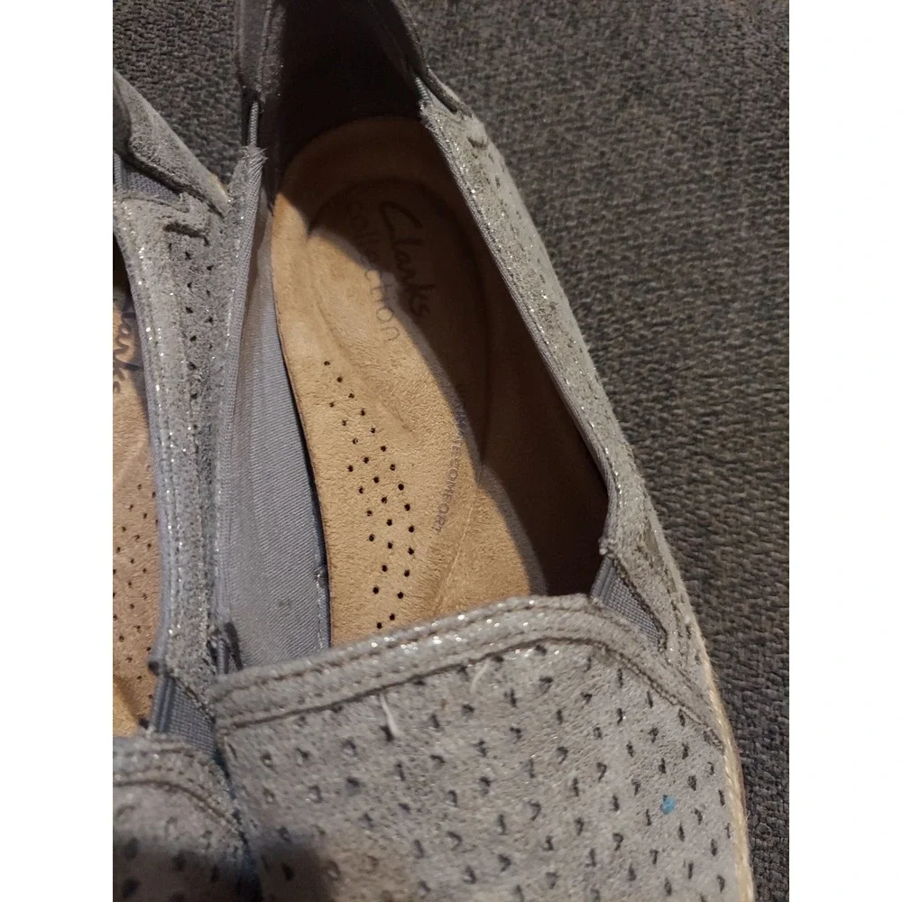 Clark's Daelyn Summit Metallic Pewter Perforated Leather Espadrilles Shoes Sz 6M